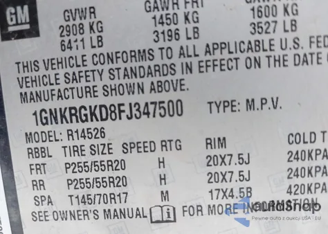 2015 Chevrolet Traverse 1Lt from USA, damaged, VIN 1GNKRGKD8FJ347500